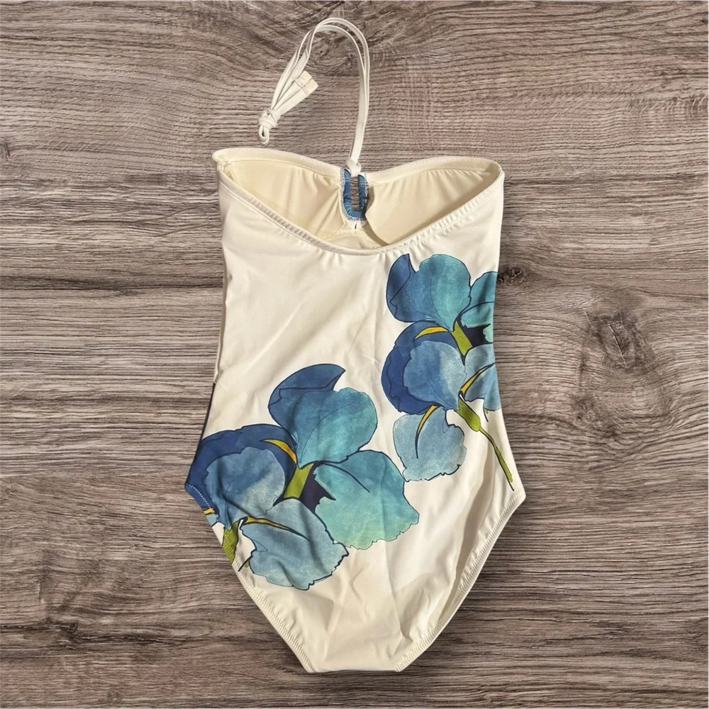 NWT Tory Burch Iris Print Persica One Piece Halter Swimsuit in White Size Small